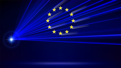 European Union laser flag. Laser show on dark blue background. EU abstract flag. Multicolor template of banner, poster for the european union holiday. Place for text. Copy space. Vector illustration