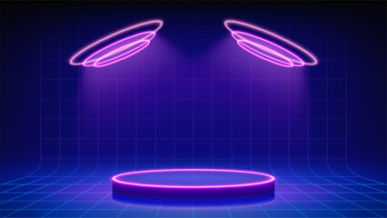Futuristic blue stage, spotlights, podium. Mesh floor with round podium illuminated by circular purple neon, led. Background for displaying products, presentation. Backdrop. Showcase. Vector
