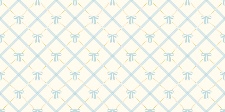 Coquette seamless pattern blue bow with ribbons on beige backdrop. Checkered wrapping paper background for birthday, holiday and Christmas. Cute repeat wallpaper texture. Vector illustration
