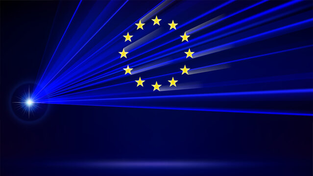 European Union laser flag. Laser show on dark blue background. EU abstract flag. Multicolor template of banner, poster for the european union holiday. Place for text. Copy space. Vector illustration