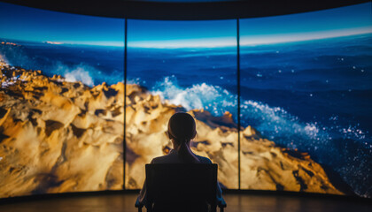 Person watching an immersive curved screen displaying a beautiful coastal landscape with crashing waves and golden cliffs.