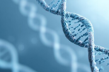 A close-up, softly lit, 3D render of a DNA double helix against a blurred, blue gradient background