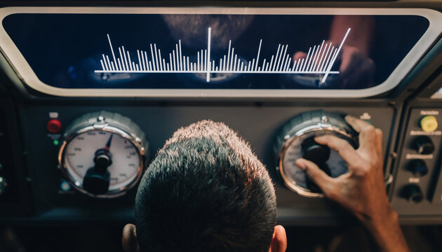 Person adjusting controls on a sophisticated panel with a digital display showing data, likely in a lab or control room.