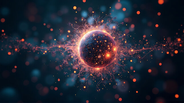 Abstract glowing sphere with intricate network of light particles, surrounded by a blurred, dark blue and orange bokeh background.