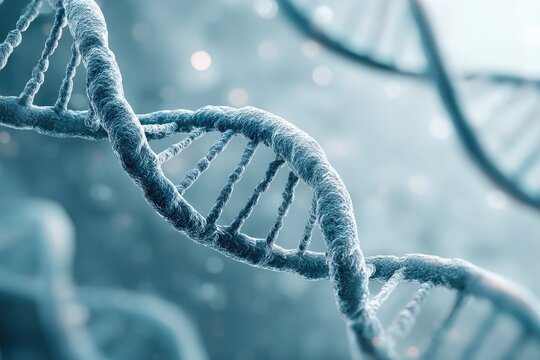 A close-up of a DNA double helix structure with blue hues, representing biological code - Powered by Adobe