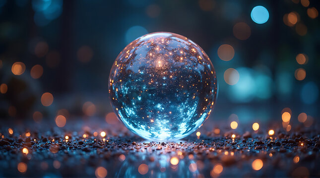 A glowing, textured orb rests on a dark, reflective surface, surrounded by scattered, blurred points of light in shades of blue and orange.