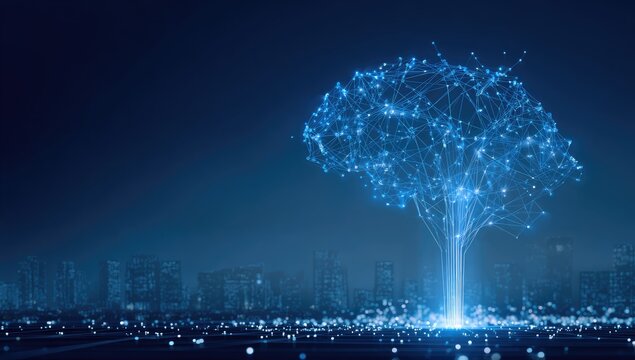 Futuristic illustration of a glowing digital brain, resembling a tree, above a city at night
