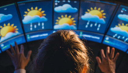 Person viewing multiple screens displaying weather forecasts with sun, clouds, and rain icons, indicating meteorology or climate monitoring.