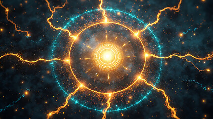 An abstract image featuring a central glowing orb surrounded by concentric rings and radiating lightning-like energy against a dark, speckled background.