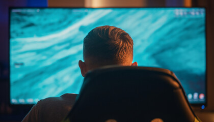Rear view of a person sitting in a gaming chair, intensely focused on a large computer monitor displaying a vibrant blue digital image in a dimly lit room.