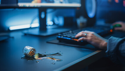 Close-up of a spilled soda can on a dark desk next to a person's hand using a computer mouse and keyboard in a dimly lit room, suggesting an accident during intense computer work or gaming.