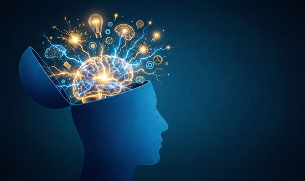 Open human head with glowing brain and neural connections