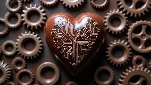 Circuit heart and gears symbolizing digital connection and love