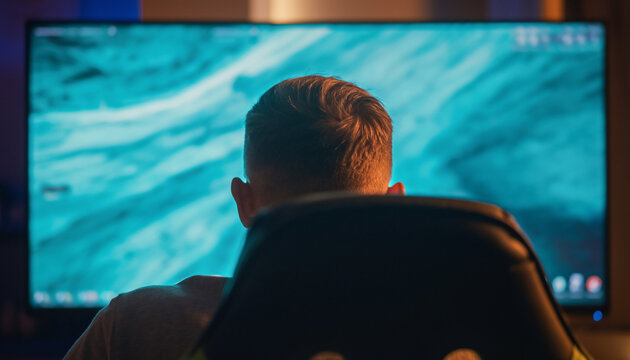 Rear view of a person sitting in a gaming chair, intensely focused on a large computer monitor displaying a vibrant blue digital image in a dimly lit room.