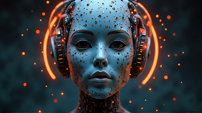 Futuristic humanoid figure with headphones surrounded by glowing orbs, showcasing a blend of technology and human form.