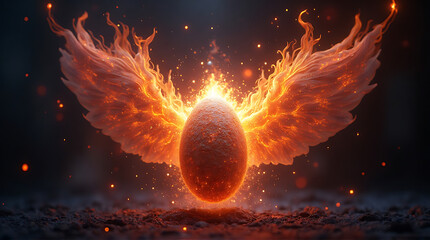 A fiery egg is depicted with wings of flame, surrounded by sparks and glowing embers against a dark, mystical background.