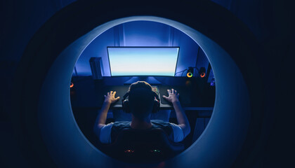 A person wearing headphones intensely focused on a computer screen in a dark, blue-lit room, viewed through a circular opening.