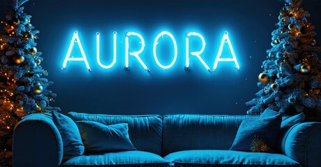 Cozy living room scene. Bright neon sign spells Aurora. Two Christmas trees flank blue sofa, pillows present. Warm lighting creates inviting atmosphere.
