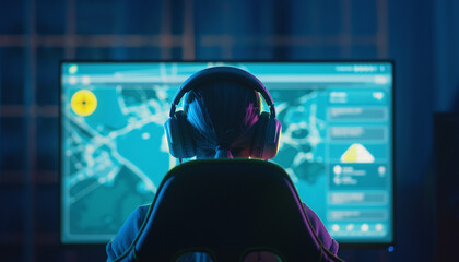 A person wearing headphones intensely focused on a large computer monitor displaying a map-like interface in a dark, neon-lit room.