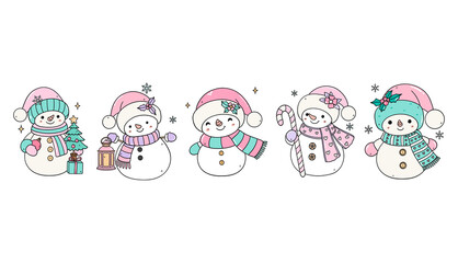 Cute Snowmen Line-Up – Pastel Christmas Characters – on Transparent Background Illustration Vector. Sweet pastel snowman lineup with winter accessories, perfect for children’s products, Christmas card