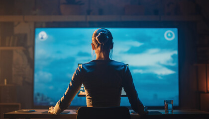 Woman from behind watching a large screen in a dark room, possibly gaming or working on a computer.