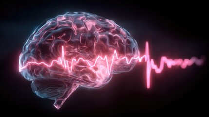 Neon EEG scan glowing with brainwave chart lines, stylized medical diagnostics illustration in electric neon for neurological and brain visuals