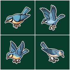Comprehensive Wild Blue Birds Illustration Set: Collection of 12 Detailed Avian Designs in Flying, Perching, and Action Poses, Perfect for Nature, Wildlife, and Environmental Branding Graphics