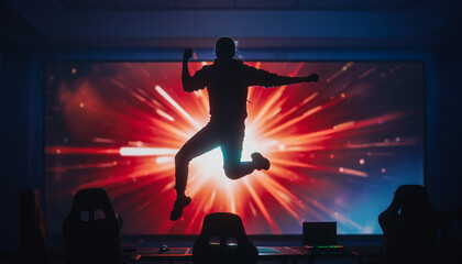 A person's silhouette jumps in front of a vibrant, explosive screen in a dark gaming room, celebrating a victory or exciting moment.