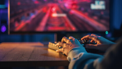 A person's hands are actively playing a video game on a computer keyboard, with a vibrant red and black game displayed on the monitor in a dimly lit room.