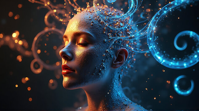 Portrait of a woman with closed eyes, surrounded by glowing, swirling light patterns in blue and gold, suggesting a connection to energy or consciousness.