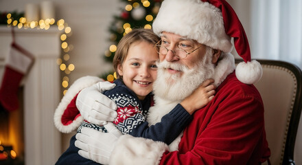 Santa Claus Embracing Child in Festive Setting for Holiday Blogs, Christmas Websites, Family Cards, and Seasonal Decorations