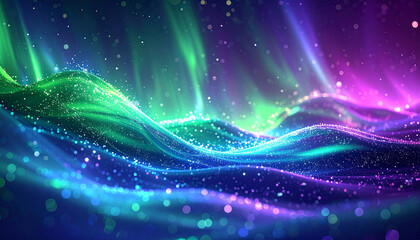 Fototapeta premium 緑と紫のオーロラが輝く波動背景