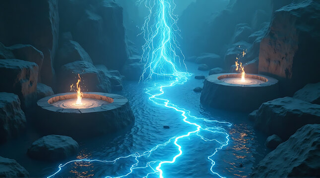 A river flows between stone structures with flames, illuminated by a powerful lightning strike in a rocky landscape.