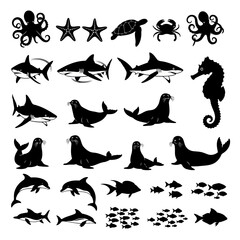 Naklejka premium Collection of various sea creatures and marine life silhouettes including octopus, starfish, seahorse, sharks, dolphins, and fish