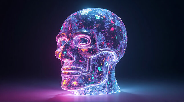A glowing, translucent skull with vibrant blue, pink, and purple neon lights outlining its form against a dark background.