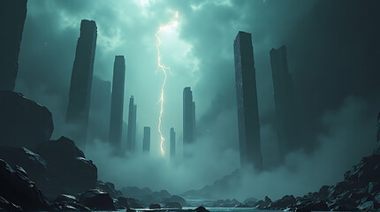 A surreal landscape with towering monoliths piercing through dense fog, illuminated by a dramatic lightning strike against a stormy sky.