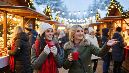 Two happy women friends enjoying hot drinks at a festive Christmas market. Young people celebrating the winter holiday season with mulled wine under the snow