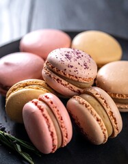 Fototapeta premium A close-up shot of several colorful, round pastries with creamy filling stacked on a dark plate, some sprinkled with granules