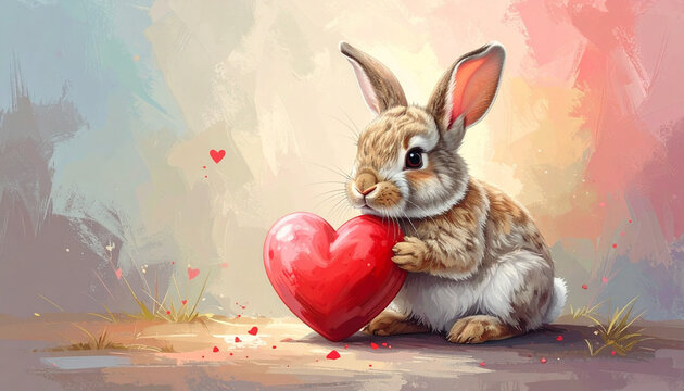 水彩画風の背景で大きなハートを持つ茶色うさぎ