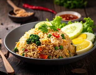 A close-up showcases a plate of fried rice with colorful vegetables and sides, all arranged on a rustic wooden table