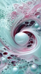 An abstract artwork featuring swirling patterns, bubbles, and spheres in shades of teal, pink, and burgundy, creating a sense of fluid movement and artistic exp