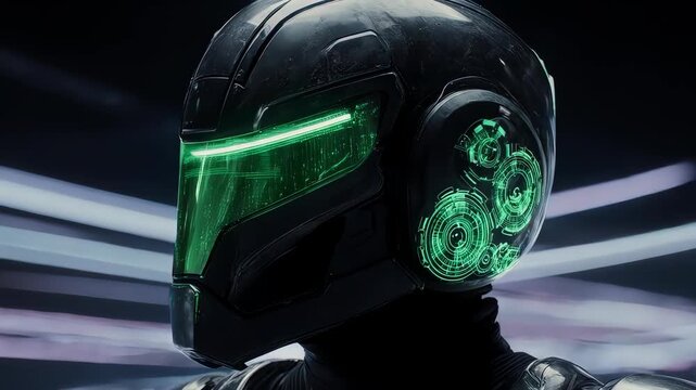 A futuristic helmet with glowing green visor and circuitry