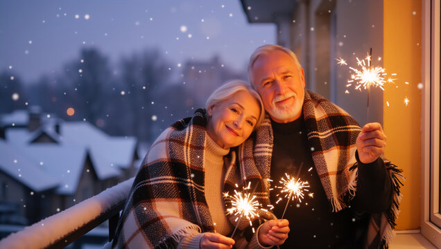 Happy senior couple celebrating with sparklers on a snowy winter night. Mature man and woman wrapped in a blanket enjoying the holiday season. Christmas and New Year celebration
