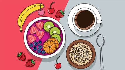 Healthy breakfast concept illustration with smoothie bowl, oatmeal, coffee, and fruit a vibrant and nutritious start