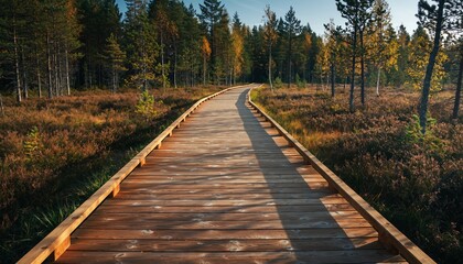Wooden pathway autumn forest landscape peaceful nature retreat, golden sunlight, tranquil atmosphere, inviting outdoor scenic boardwalk, natural travel destination for relaxation.