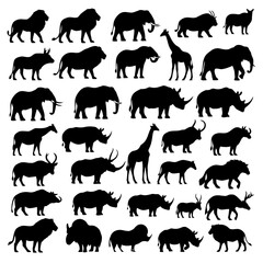 Black silhouettes of various wild animals including lions, elephants, giraffes, rhinos, and buffaloes walking in different poses