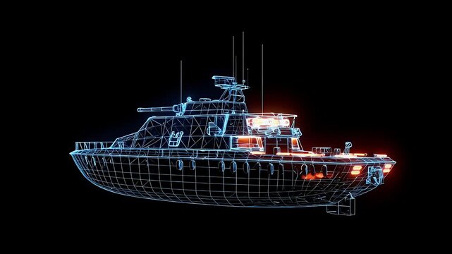 Wireframe Military Patrol Boat Model Showing Radar and Cannon