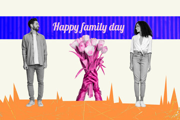 Exclusive magazine picture sketch collage image of two happy girl guy stand together family day celebration event tulips flower