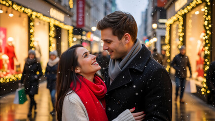 Happy couple on a romantic date in the snow. Man and woman embracing on a city street with Christmas lights during holiday shopping. Winter season celebration
