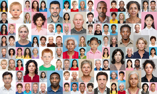 Collage of all generations: diverse faces in photo id portrait grid
